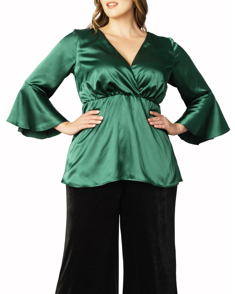 Front of a model wearing a size 2X Honey Satin Bell Sleeve Top in EMERALD GREEN by Kiyonna. | dia_product_style_image_id:316097